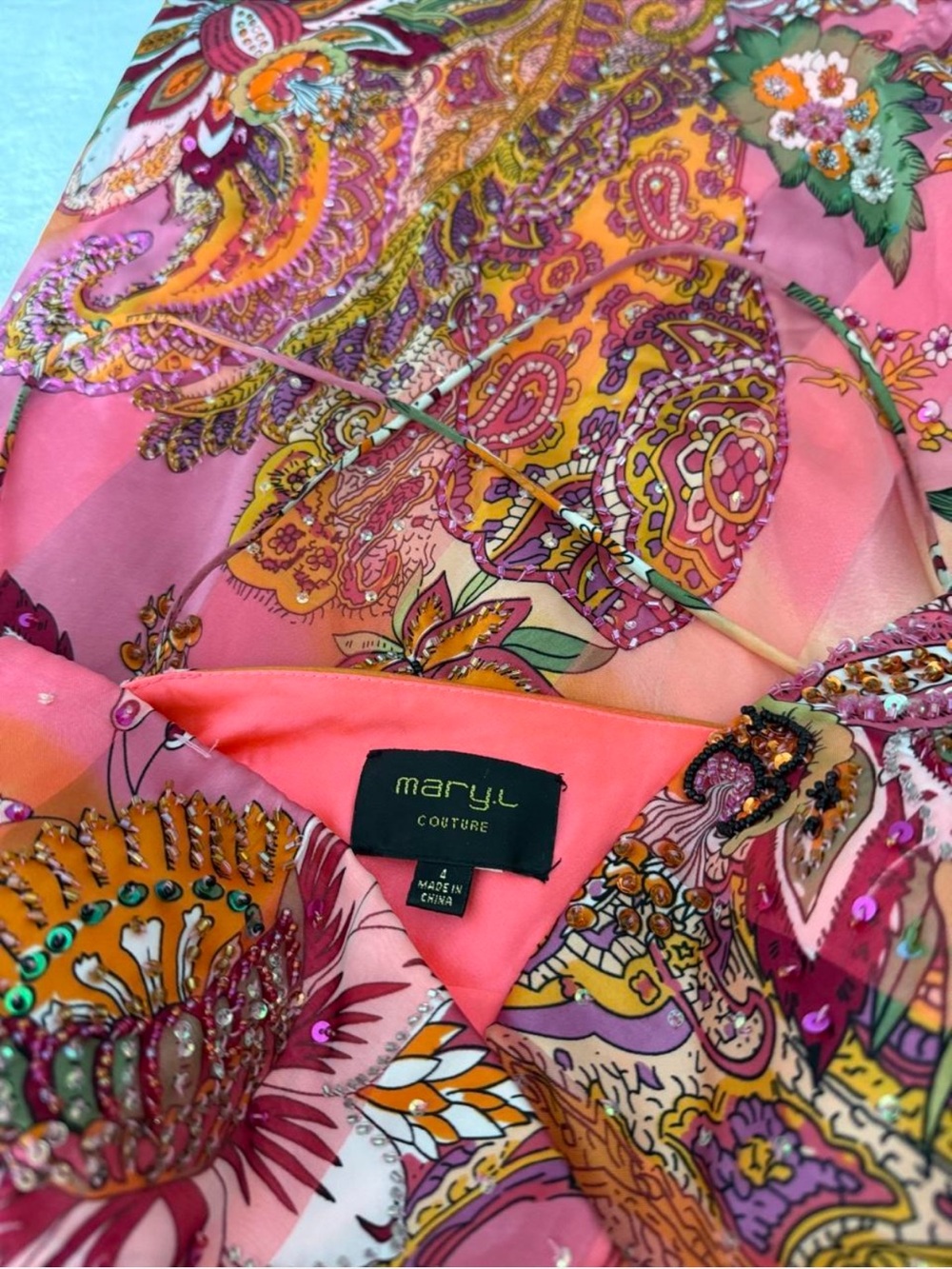 Y2K Cache Pink/Orange Floral/Paisley Print Maxi Dress - Picture 8 of 8